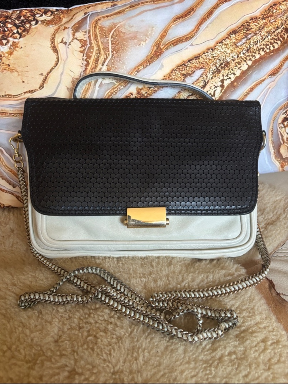 Two-Tone Black and Cream Leather Crossbody Bag with Chain Strap